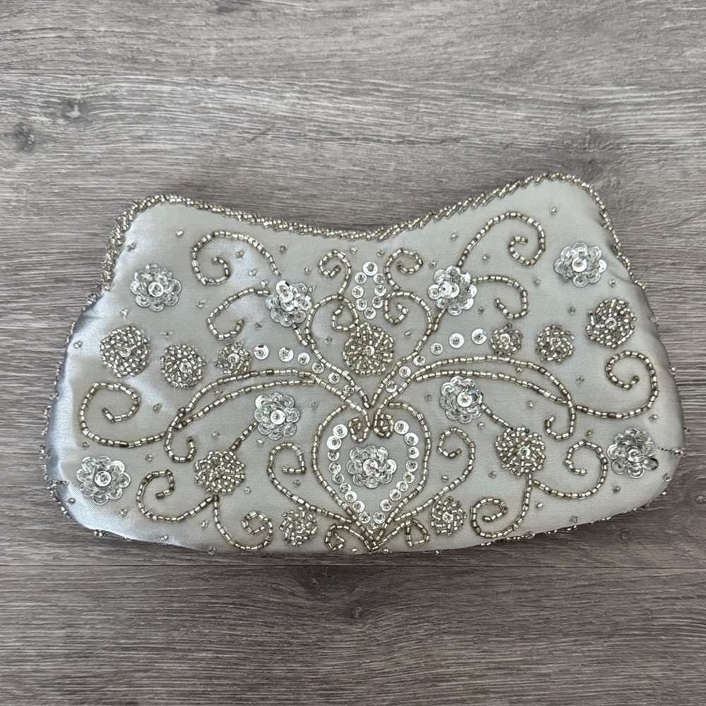 Silver Satin Beaded Clutch